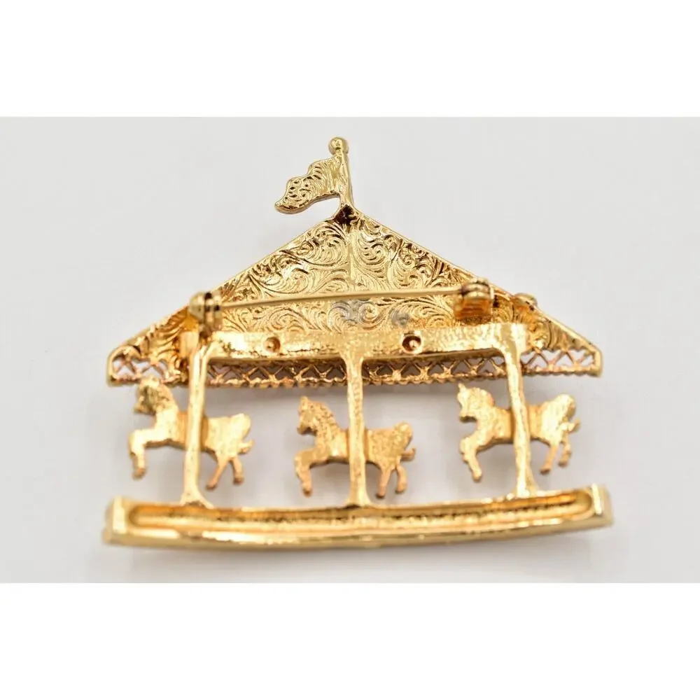 1928 Vintage Carousal Pin Brooch Horse Gold Pink Roses Romantic 1980s BinBG